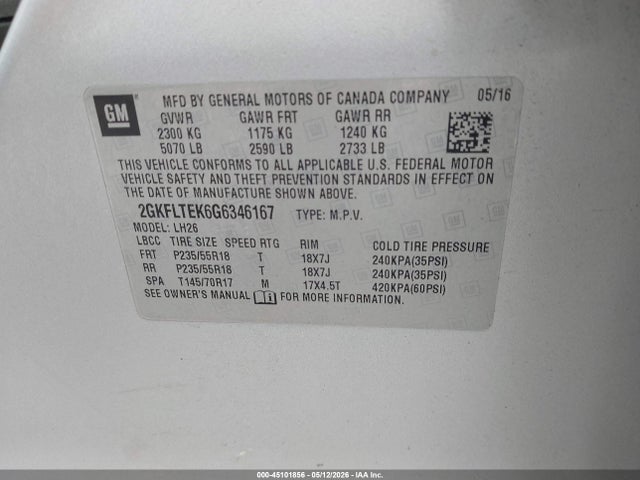 Aukcja sprzedaży 2016 Gmc Terrain Sle-2, vin: 2GKFLTEK6G6346167, numer aukcji: 45101856