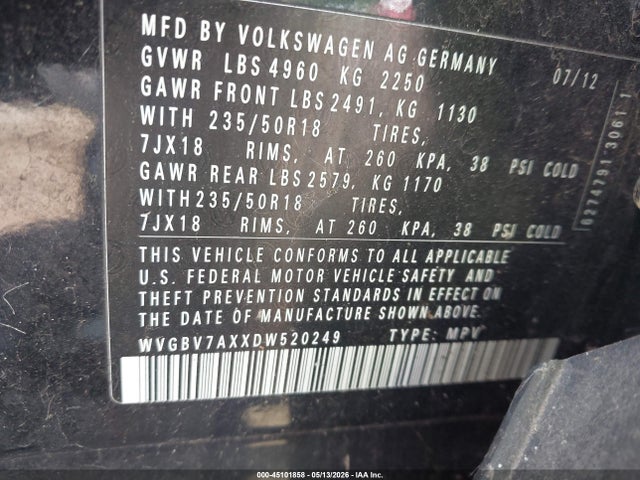 45101858 :رقم المزاد ، WVGBV7AXXDW520249 vin ، 2013 Volkswagen Tiguan Se مزاد بيع