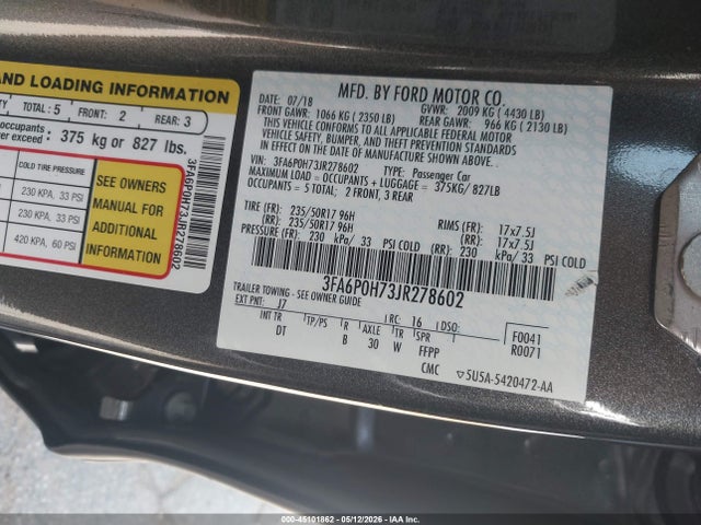 45101862 :رقم المزاد ، 3FA6P0H73JR278602 vin ، 2018 Ford Fusion Se مزاد بيع