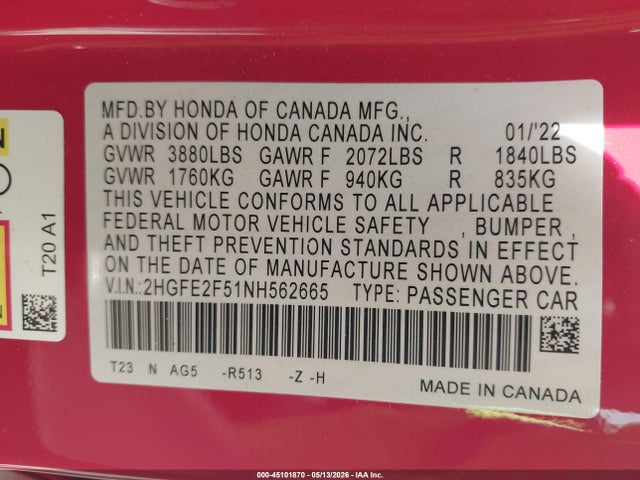 Aukcja sprzedaży 2022 Honda Civic Sport, vin: 2HGFE2F51NH562665, numer aukcji: 45101870