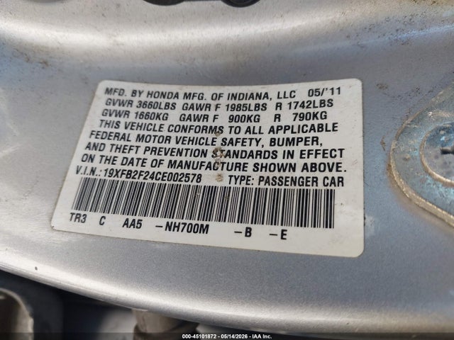 Aukcja sprzedaży 2012 Honda Civic Dx, vin: 19XFB2F24CE002578, numer aukcji: 45101872