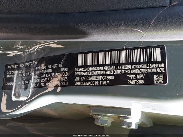 45101874 :رقم المزاد ، ZACCJABB2HPG13600 vin ، 2017 Jeep Renegade Latitude Fwd مزاد بيع