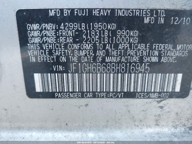 2011 Subaru Impreza 2.5i Premium მანქანა იყიდება აუქციონზე, vin: JF1GH6B68BH816945, აუქციონის ნომერი: 45101878
