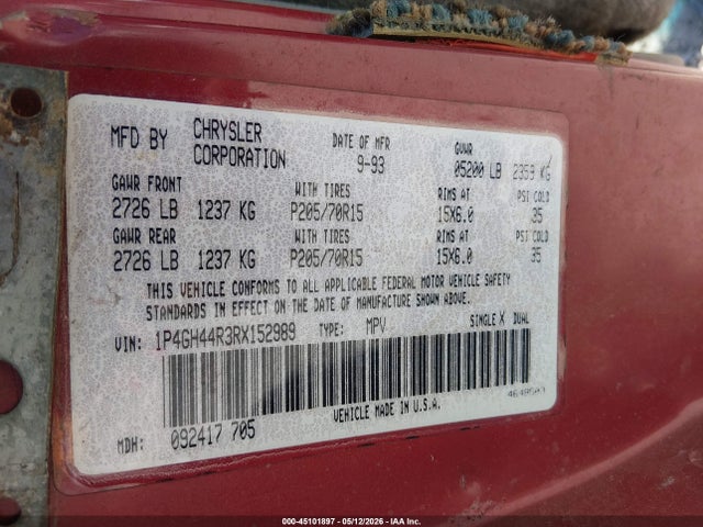 45101897 :رقم المزاد ، 1P4GH44R3RX152989 vin ، 1994 Plymouth Grand Voyager Se مزاد بيع