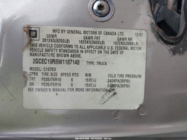 45101899 :رقم المزاد ، 2GCEC19R8W1187148 vin ، 1998 Chevrolet C1500 Fleetside مزاد بيع