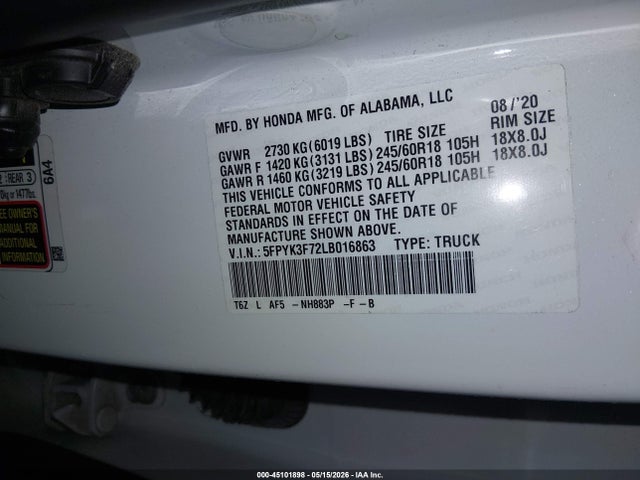 Honda Ridgeline Rtl-e 2020 5FPYK3F72LB016863 Image 9