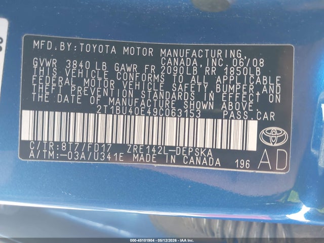 Aukcja sprzedaży 2009 Toyota Corolla S, vin: 2T1BU40E49C063153, numer aukcji: 45101904