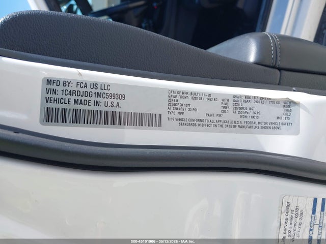 Продаж на аукціоні авто 2021 Dodge Durango Gt Plus Awd, vin: 1C4RDJDG1MC599309, номер лоту: 45101906