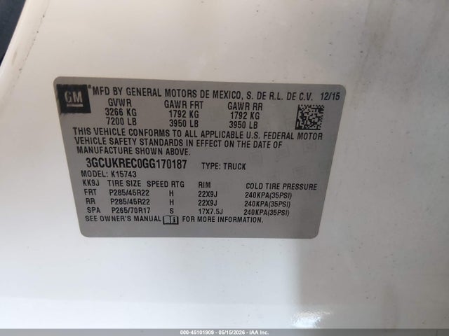 45101909 :رقم المزاد ، 3GCUKREC0GG170187 vin ، 2016 Chevrolet Silverado 1500 1lt مزاد بيع