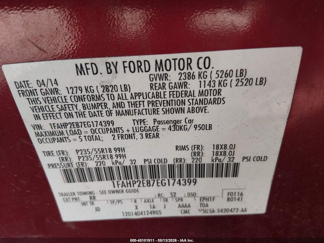 Aukcja sprzedaży 2014 Ford Taurus Sel, vin: 1FAHP2E87EG174399, numer aukcji: 45101911