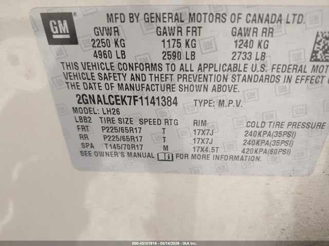 Aukcja sprzedaży 2015 Chevrolet Equinox 2lt, vin: 2GNALCEK7F1141384, numer aukcji: 45101916