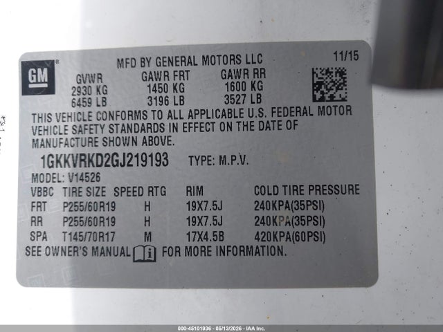 45101936 :رقم المزاد ، 1GKKVRKD2GJ219193 vin ، 2016 Gmc Acadia Slt-1 مزاد بيع