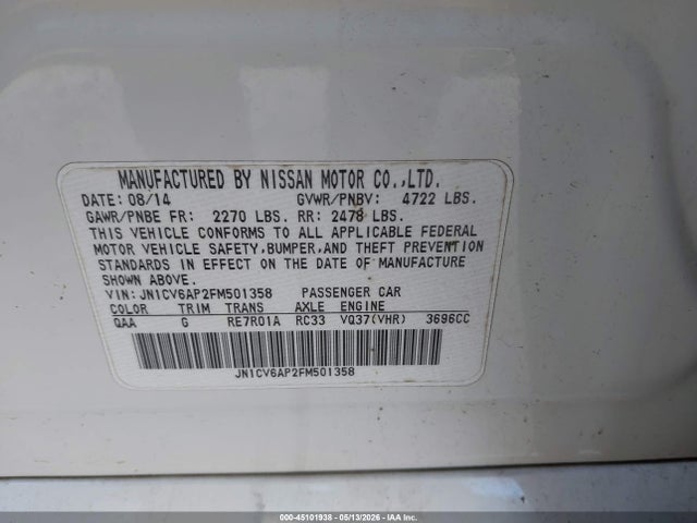 45101938 :رقم المزاد ، JN1CV6AP2FM501358 vin ، 2015 Infiniti Q40 مزاد بيع