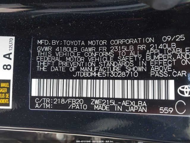 Продажа на аукционе авто 2026 Toyota Corolla Hybrid Hybrid Le, vin: JTDBDMHE5T3028710, номер лота: 45101946