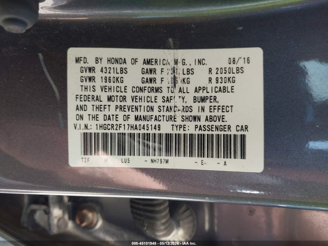 Aukcja sprzedaży 2017 Honda Accord Sport Se, vin: 1HGCR2F17HA045149, numer aukcji: 45101948