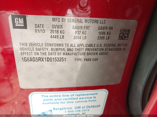 2013 Cadillac Ats Standard მანქანა იყიდება აუქციონზე, vin: 1G6AG5RX1D0153251, აუქციონის ნომერი: 45101950