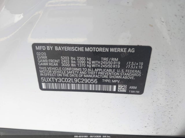 Auction sale of the 2020 Bmw X3 Sdrive30i, vin: 5UXTY3C02L9C29056, lot number: 45101951