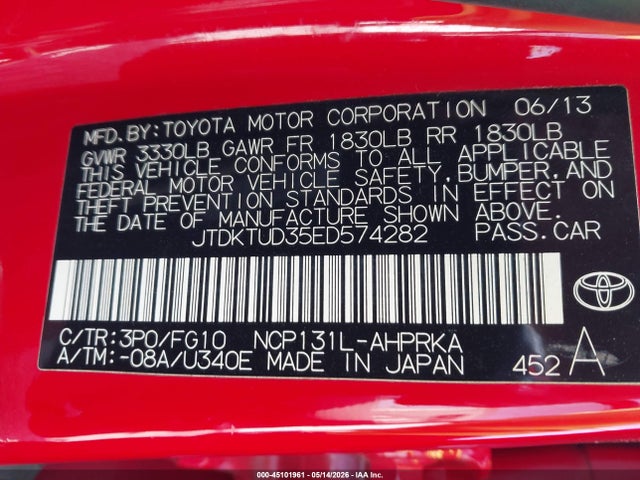 JTDKTUD35ED574282 Toyota Yaris Le (tmc/cbu Plant)