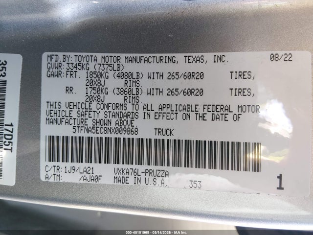 2022 Toyota Tundra Platinum მანქანა იყიდება აუქციონზე, vin: 5TFNA5EC8NX009868, აუქციონის ნომერი: 45101968