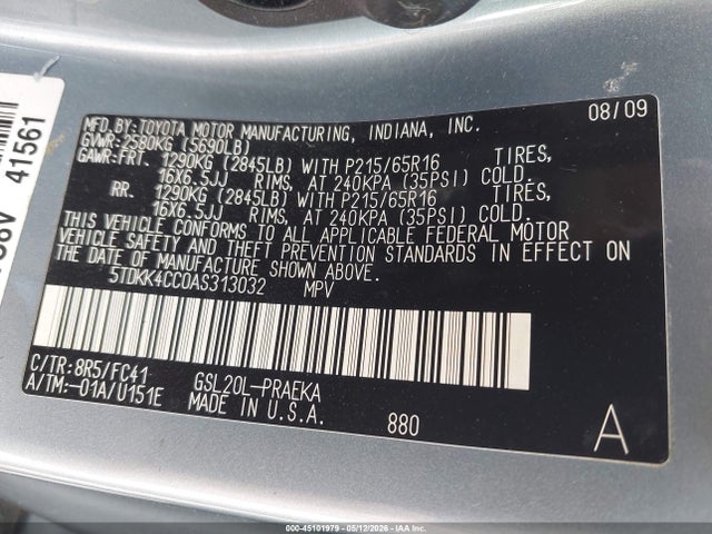 2010 Toyota Sienna Le მანქანა იყიდება აუქციონზე, vin: 5TDKK4CC0AS313032, აუქციონის ნომერი: 45101979