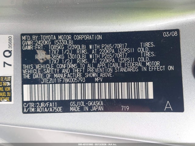 45101980 :رقم المزاد ، JTEZU11F78K005793 vin ، 2008 Toyota Fj Cruiser مزاد بيع