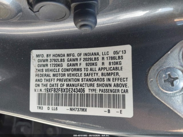 45101993 :رقم المزاد ، 19XFB2F8XDE243406 vin ، 2013 Honda Civic Ex مزاد بيع