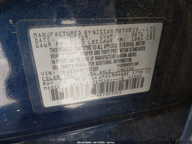 Продажа на аукционе авто 2019 Nissan Sentra S, vin: 3N1AB7AP4KY303345, номер лота: 45102004
