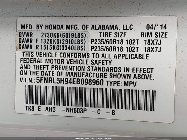 5FNRL5H94EB098960 Honda Odyssey Touring/touring Elite
