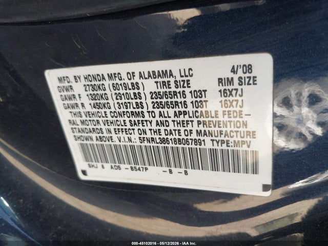 Продаж на аукціоні авто 2008 Honda Odyssey Ex-l, vin: 5FNRL38618B067891, номер лоту: 45102016