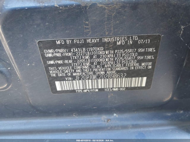 45102018 :رقم المزاد ، JF2GPAWC2D2898632 vin ، 2013 Subaru Xv Crosstrek 2.0i Premium مزاد بيع