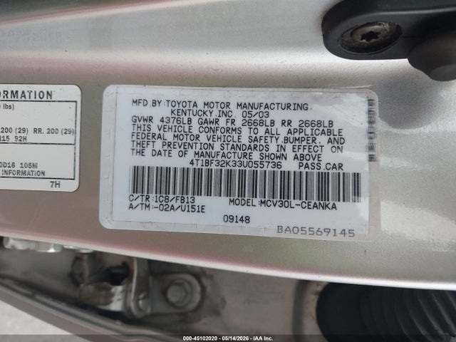 Продаж на аукціоні авто 2003 Toyota Camry Le V6, vin: 4T1BF32K33U055736, номер лоту: 45102020