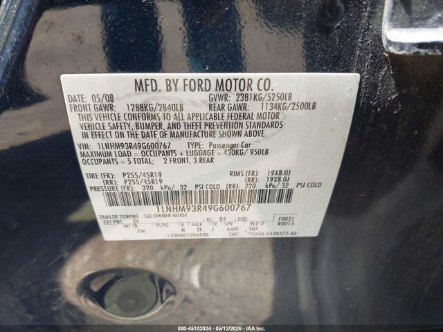 Продаж на аукціоні авто 2009 Lincoln Mks, vin: 1LNHM93R49G600767, номер лоту: 45102024