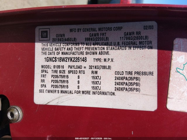 Продаж на аукціоні авто 2000 Chevrolet Blazer Ls, vin: 1GNCS18W2YK226148, номер лоту: 45102027