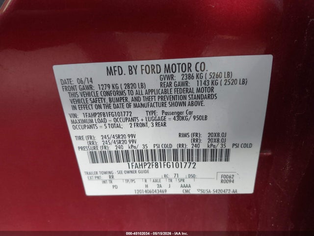 2015 Ford Taurus Limited მანქანა იყიდება აუქციონზე, vin: 1FAHP2F81FG101772, აუქციონის ნომერი: 45102034