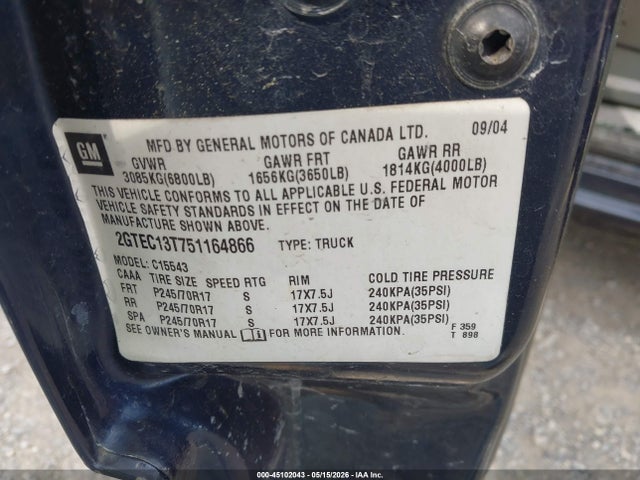 Продаж на аукціоні авто 2005 Gmc Sierra 1500 Sle, vin: 2GTEC13T751164866, номер лоту: 45102043
