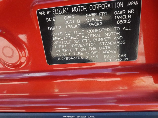 Aukcja sprzedaży 2013 Suzuki Sx4 Premium, vin: JS2YB5A31D6101155, numer aukcji: 45102044