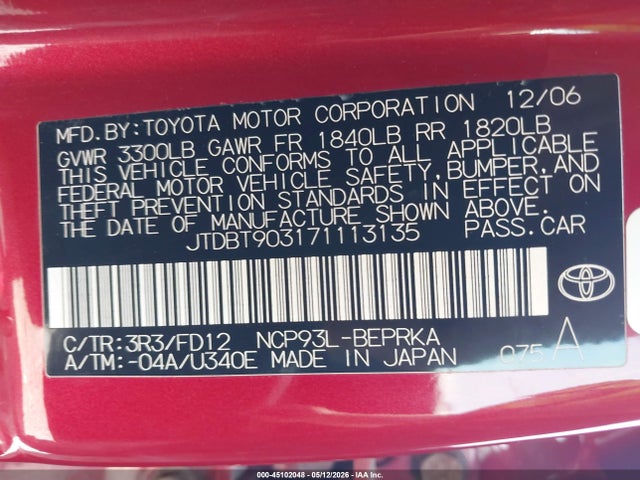 Aukcja sprzedaży 2007 Toyota Yaris S, vin: JTDBT903171113135, numer aukcji: 45102048