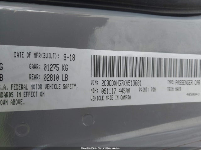 Продаж на аукціоні авто 2019 Dodge Charger Gt Rwd, vin: 2C3CDXHG7KH513681, номер лоту: 45102063