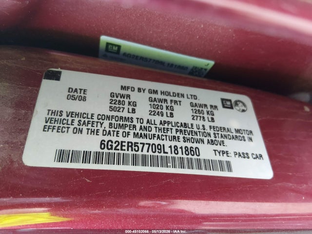 Aukcja sprzedaży 2009 Pontiac G8, vin: 6G2ER57709L181860, numer aukcji: 45102066
