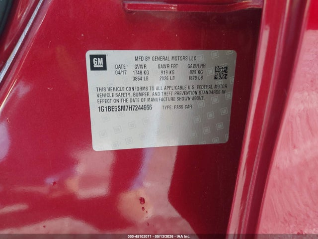 45102071 :رقم المزاد ، 1G1BE5SM7H7244666 vin ، 2017 Chevrolet Cruze Lt Auto مزاد بيع