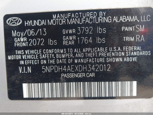Aukcja sprzedaży 2013 Hyundai Elantra Gls, vin: 5NPDH4AEXDH342012, numer aukcji: 45102075