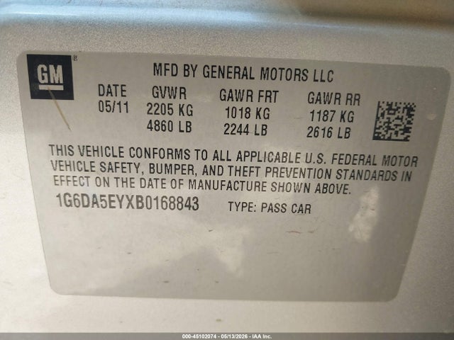 Продажа на аукционе авто 2011 Cadillac Cts Standard, vin: 1G6DA5EYXB0168843, номер лота: 45102074