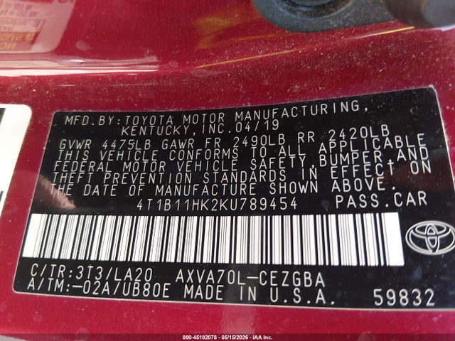 Aukcja sprzedaży 2019 Toyota Camry Xle, vin: 4T1B11HK2KU789454, numer aukcji: 45102078