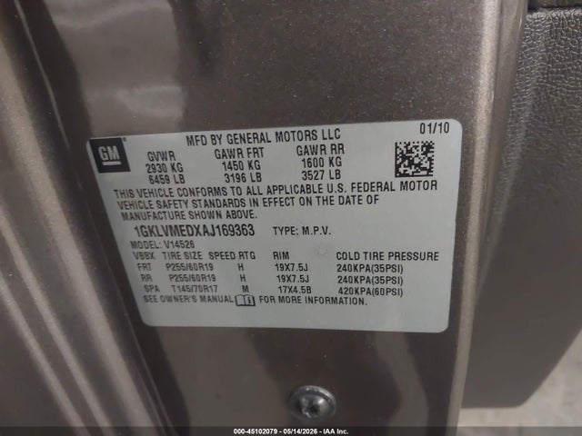 Aukcja sprzedaży 2010 Gmc Acadia Slt-1, vin: 1GKLVMEDXAJ169363, numer aukcji: 45102079