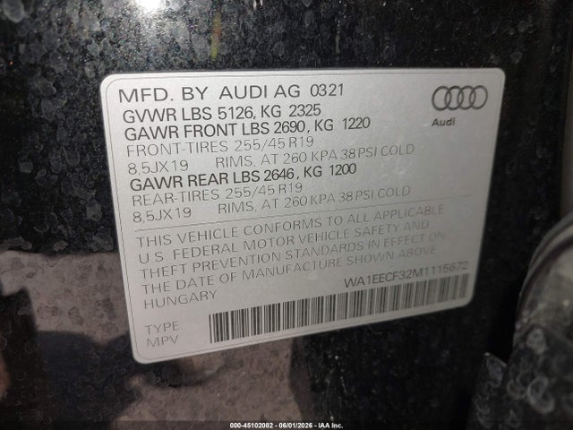 Продажа на аукционе авто 2021 Audi Q3 Premium Plus 45 Tfsi S Line Quattro Tiptronic, vin: WA1EECF32M1115672, номер лота: 45102082