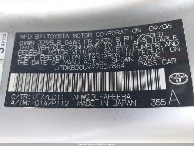 Продаж на аукціоні авто 2007 Toyota Prius, vin: JTDKB20U977557864, номер лоту: 45102090