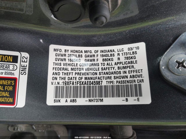 45102099 :رقم المزاد ، 19XFA1F5XAE045987 vin ، 2010 Honda Civic Lx مزاد بيع
