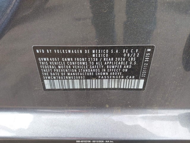 45102106 :رقم المزاد ، 3VWCM7BU2NM020892 vin ، 2022 Volkswagen Jetta 1.5t S مزاد بيع