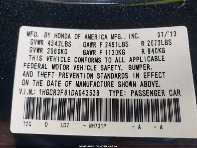 2013 Honda Accord Ex-l V-6 მანქანა იყიდება აუქციონზე, vin: 1HGCR3F81DA043538, აუქციონის ნომერი: 45102107