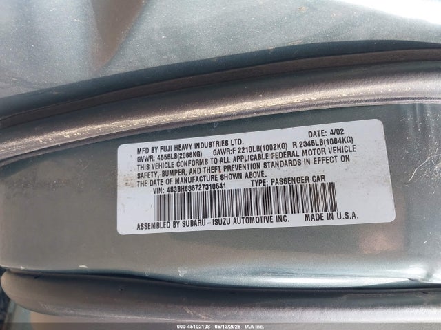 45102108 :رقم المزاد ، 4S3BH635727310541 vin ، 2002 Subaru Legacy L مزاد بيع